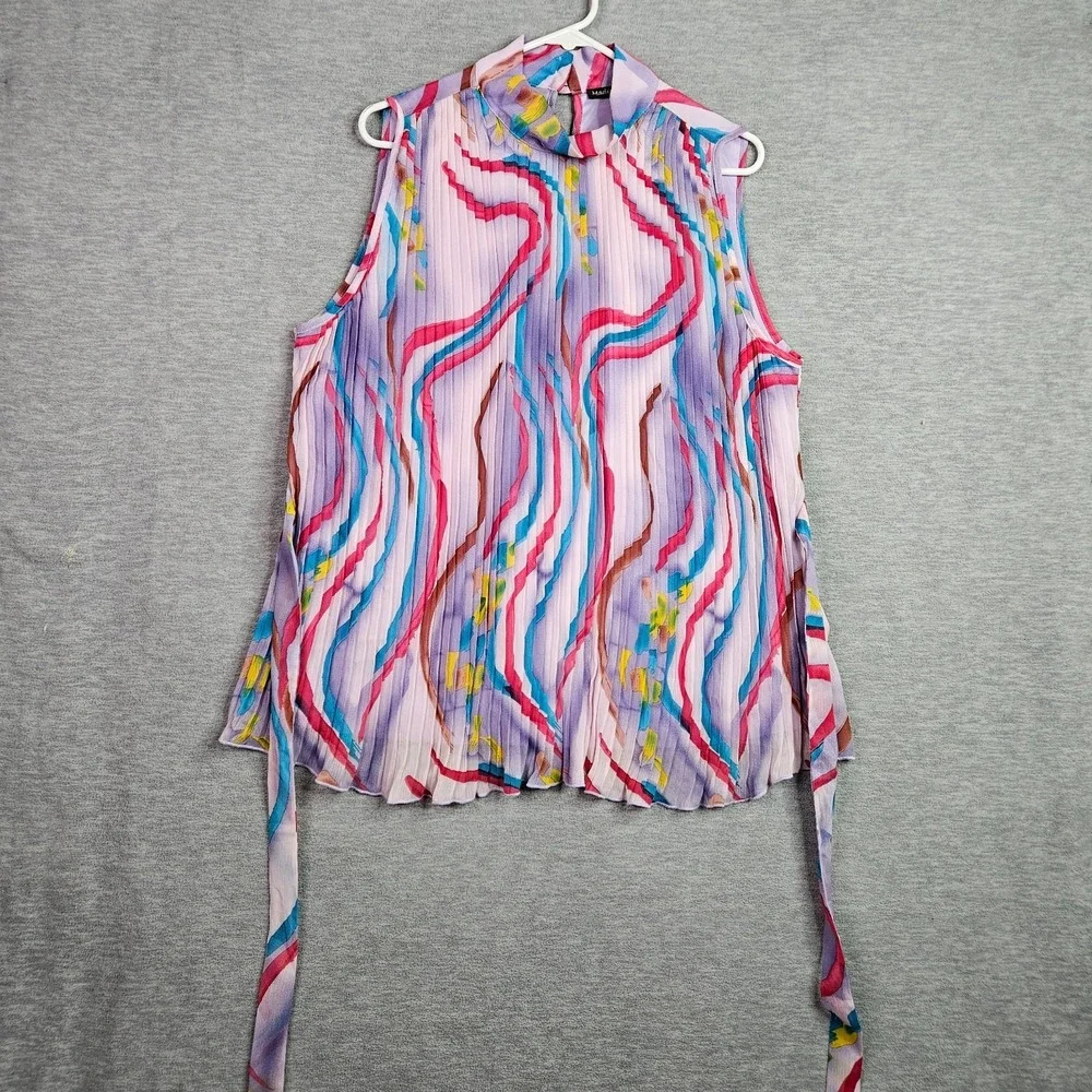 Madison Paige II Women Sleeveless Pleated Blouse Top Mock Neck Tie Multicolor 1X